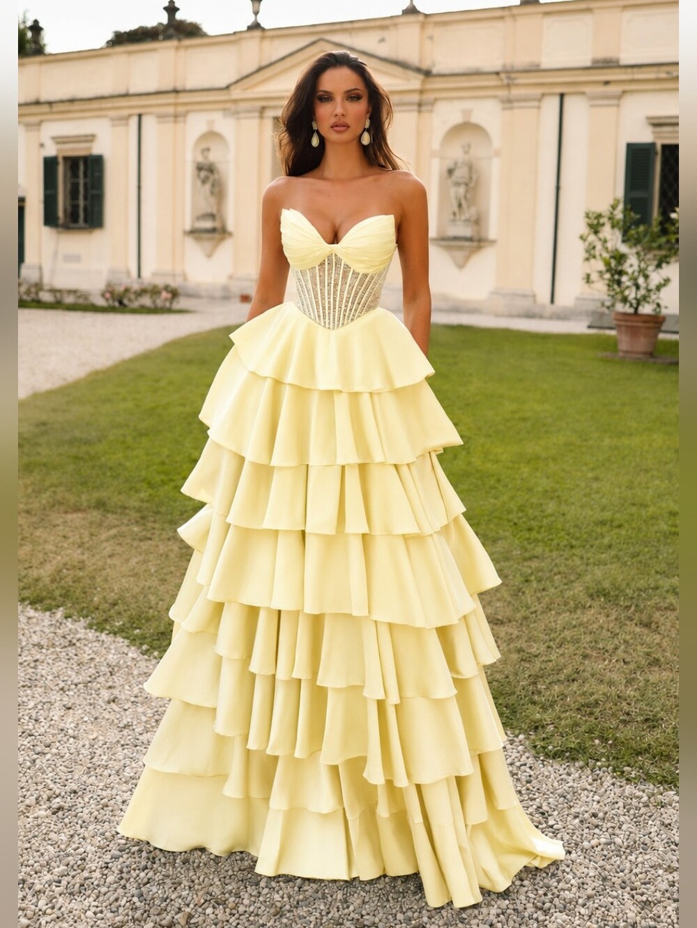 Alyce Paris 61833 Strapless Beaded Tiered Ruffle Prom Dress Light Yellow Size 8